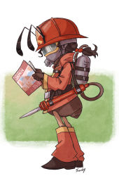 Rule 34 | 1girl, ant, antennae, arthropod girl, boots, brown hair, bug, canister, fire helmet, firefighter, firemen, full body, gas mask, gloves, hat, helmet, insect, magazine (object), mask, no pants, original, ponytail, reading, sachy (sachichy), solo, standing, tagme