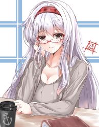 Rule 34 | 1girl, anchor symbol, artist logo, bespectacled, book, breasts, brown eyes, cleavage, commentary request, glasses, grey sweater, hairband, highres, kantai collection, kentan (kingtaiki), large breasts, long hair, one-hour drawing challenge, red-framed eyewear, red hairband, ribbed sweater, shoukaku (kancolle), solo, sweater, tumbler, upper body, white background, white hair