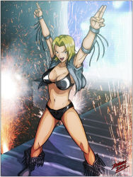 Rule 34 | 1girl, arms up, bikini, blonde hair, boots, breasts, cleavage, dead or alive, jacket, large breasts, long hair, swimsuit, tecmo, theinsanedarkone, tina armstrong, wrestling outfit