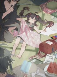 Rule 34 | 1girl, 2boys, :3, aged down, ahoge, bag, barefoot, black dress, black kimono, blanket, blush, boo tao (genshin impact), book, bow, box, brown hair, brown headwear, butterfly net, child, closed eyes, closed mouth, commentary request, double popsicle, doughnut innertube, dress, feet, finger to mouth, flower, food, frilled dress, frills, fruit, genshin impact, gradient hair, green hair, grey sailor collar, hair between eyes, hair flower, hair ornament, hand net, hand up, hat, hat bow, highres, holding, holding food, holding popsicle, hoshiyui tsukino, hu tao (genshin impact), index finger raised, indoors, innertube, japanese clothes, kimono, long hair, long sleeves, lying, multicolored hair, multiple boys, neckerchief, on back, on floor, parted lips, plate, popsicle, red bag, red flower, red neckerchief, sailor collar, short hair, shushing, sidelocks, sleeveless, sleeveless dress, smile, squatting, sun hat, swim ring, table, tatami, toes, twintails, unworn hat, unworn headwear, watermelon, watermelon slice, white bow, wide sleeves, xiao (genshin impact), zhongli (genshin impact)
