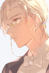 Rule 34 | 1boy, black jacket, bow, bowtie, close-up, closed mouth, forehead, glasses, green eyes, highres, jacket, koeda (k83 4), polo shirt, portrait, shirt, short hair, simple background, solo, tears of themis, vyn richter (tears of themis), white background, white bow, white bowtie, white hair, white shirt