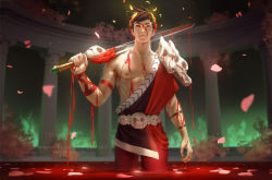 Rule 34 | 1boy, ancient greek clothes, artist name, black hair, black sclera, blood, blood on clothes, blood on face, blood on hands, blurry, blurry background, colored sclera, commentary, english commentary, greco-roman clothes, green eyes, hades (series), hades 1, heterochromia, holding, holding sword, holding weapon, laurel crown, looking ahead, male focus, muscular, muscular male, nipples, over shoulder, patreon username, pectorals, petals, pool of blood, red eyes, serious, single bare shoulder, skull, solo, sword, sword over shoulder, veins, veiny arms, weapon, weapon over shoulder, zagreus (hades), zarory
