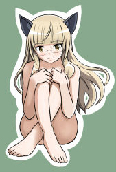 Rule 34 | 1girl, animal ears, blonde hair, blush, cat ears, closed mouth, completely nude, crossed legs, full body, green background, highres, long hair, looking at viewer, monousa, nude, perrine h. clostermann, simple background, sitting, smile, solo, strike witches, world witches series, yellow eyes