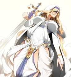 Rule 34 | 10s, 1girl, black blindfold, blindfold, blonde hair, breasts, breasts apart, bridal gauntlets, cloak, dress, dutch angle, facing away, goblin slayer!, gold trim, groin, habit, holding, holding sword, holding weapon, jewelry, large breasts, long hair, navel, necklace, no bra, no panties, pelvic curtain, ryu jiao, sidelocks, simple background, solo, sword, sword maiden, underbust, very long hair, weapon, white background, white cloak, white dress
