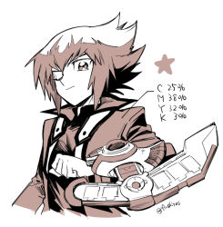 Rule 34 | 1boy, brown eyes, brown hair, brown theme, card, clenched hand, closed mouth, commentary request, duel disk, fushitasu, jacket, male focus, one eye closed, solo, star (symbol), upper body, white background, yu-gi-oh!, yuki judai
