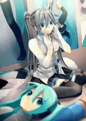 Rule 34 | bad id, bad pixiv id, bed, crayon, hatsune miku, highres, long hair, necktie, oniyama831, poster (object), solo, twintails, vocaloid