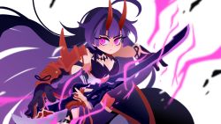 Rule 34 | 1girl, armor, breasts, cleavage, closed mouth, electricity, gauntlets, highres, honkai (series), honkai impact 3rd, japanese armor, katana, long hair, looking at viewer, projecttiger, purple eyes, purple hair, raiden mei, raiden mei (herrscher of thunder), simple background, sword, weapon, white background