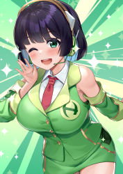 Rule 34 | 1girl, ;d, absurdres, bare shoulders, black hair, blue hair, blush, breasts, collared shirt, colored inner hair, detached sleeves, green eyes, green skirt, green vest, headset, highres, kyoumachi seika, large breasts, looking at viewer, multicolored hair, necktie, one eye closed, open mouth, pencil skirt, red necktie, shirt, short hair, skirt, sleeveless, sleeveless shirt, smile, solo, teeth, tenneko yuuri, two-tone hair, upper teeth only, vest, voiceroid, white shirt