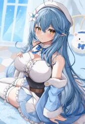 Rule 34 | 1girl, ahoge, blue hair, breasts, elf, flower, frilled skirt, frills, hair flower, hair ornament, half updo, hat, heart, heart ahoge, highres, hololive, large breasts, long hair, off shoulder, on bed, pointy ears, sitting, skirt, solo, takuty, thighhighs, virtual youtuber, white hat, white thighhighs, yellow eyes, yukihana lamy, zettai ryouiki