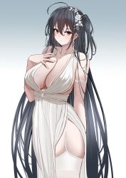 Rule 34 | 1girl, :o, absurdres, ahoge, armlet, azur lane, barefoot, black hair, breasts, cleavage, collared shirt, cowboy shot, dress, earrings, garter straps, gradient background, grey background, hair between eyes, hand on own chest, highres, jewelry, large breasts, long hair, looking at viewer, necklace, official alternate costume, one side up, parted lips, pelvic curtain, red eyes, shirt, single earring, sleeveless, sleeveless dress, solo, straight hair, taihou (azur lane), taihou (temptation on the sea breeze) (azur lane), thighhighs, tnr (horiko1525), very long hair, white dress, white thighhighs