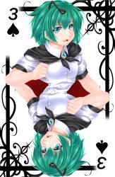 Rule 34 | 1girl, antennae, brooch, cape, card, card (medium), clenched hand, green eyes, green hair, highres, jewelry, matching hair/eyes, open mouth, playing card, rotational symmetry, short sleeves, simple background, solo, spade (shape), symmetry, touhou, wriggle nightbug, yoiti
