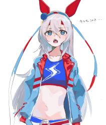 Rule 34 | 1girl, animal ears, blue eyes, blue jacket, blush, character name, crop top, ear covers, grey hair, hair between eyes, headband, highres, horse ears, horse girl, jacket, kurobeko (kur0bek0), long hair, long sleeves, open clothes, open jacket, open mouth, simple background, solo, tamamo cross (umamusume), umamusume, upper body, very long hair, white background