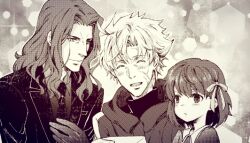 1girl 2boys commentary_request dithering empty_eyes fate/zero fate_(series) formal_clothes gloves greyscale hair_ribbon holding holding_letter jacket lancelot_(fate/zero) letter long_hair matou_kariya matou_sakura matou_sakura_(fate/zero) monochrome multiple_boys necktie open_mouth ribbon smile suit turtleneck uncle_and_niece veins yuuza_(yuuza01)