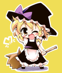 Rule 34 | 1girl, ;d, apron, blonde hair, blush, broom, chibi, female focus, full body, hat, herada mitsuru, holding, kirisame marisa, looking at viewer, one eye closed, open mouth, puffy short sleeves, puffy sleeves, short sleeves, simple background, smile, solo, tareme, touhou, waist apron, witch, witch hat, yellow background, yellow eyes