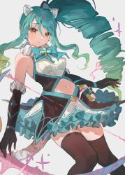 Rule 34 | 1girl, :o, animal ear fluff, animal ears, aqua bow, aqua hair, aqua skirt, arms at sides, bare shoulders, black gloves, black sleeves, black thighhighs, blush, bow, bowtie, breasts, clothing cutout, club (shape), detached sleeves, drill hair, elbow gloves, frilled skirt, frills, fur-trimmed gloves, fur collar, fur trim, gloves, gradient hair, green hair, high ponytail, highres, knees together feet apart, long hair, looking at viewer, medium breasts, multicolored hair, navel, navel cutout, official alternate costume, open mouth, princess connect!, shiori (magical girl) (princess connect!), shiori (princess connect!), shirt, sidelocks, simple background, skirt, sleeveless, sleeveless shirt, solo, standing, stomach cutout, striped tail, tail, takeashiro, thighhighs, thighs, tiger ears, tiger girl, tiger tail, white background, white shirt, yellow eyes