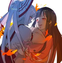 Rule 34 | 2girls, alternate hairstyle, arm up, bad id, bad twitter id, baggy pants, black hair, blood, blouse, blush, bow, closed mouth, collared shirt, commentary request, fang, fangs, fingernails, fujiwara no mokou, grey bow, grey hair, grey shirt, hair between eyes, hair bow, hand up, houraisan kaguya, juliet sleeves, long fingernails, long hair, long sleeves, looking at another, multicolored bow, multiple girls, nail polish, open mouth, pants, pink nails, pink shirt, ponytail, puffy long sleeves, puffy sleeves, red bow, red eyes, red pants, shirt, simple background, smile, soku (bluerule-graypray), standing, teeth, tongue, touhou, white background, wide sleeves
