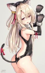 Rule 34 | 1girl, animal ears, animal hands, arm up, ass, back cutout, bare shoulders, bell, black leotard, blonde hair, blush, butt crack, cat ears, cat tail, center opening, clothing cutout, cowboy shot, dangeroes beast (illya), elbow gloves, fake animal ears, fake tail, fate/kaleid liner prisma illya, fate (series), from side, gloves, grey background, illyasviel von einzbern, jingle bell, leotard, long hair, looking at viewer, official alternate costume, open mouth, paw gloves, red eyes, red ribbon, ribbon, rin yuu, signature, simple background, solo, tail, tail bell, tail ornament, tail ribbon, twitter username, white hair