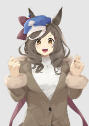 Rule 34 | 1girl, absurdres, alternate costume, animal ears, bow, brown coat, brown eyes, brown hair, cabbie hat, clenched hands, coat, commentary, fur trim, hair ornament, hairclip, hat, hat bow, highres, horse ears, horse girl, jewelry, looking at viewer, matikane tannhauser (umamusume), medium hair, nail polish, necklace, red nails, sanada ina, simple background, smile, solo, umamusume, white background