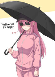 Rule 34 | 1girl, absurdres, baseball cap, black hat, black umbrella, bocchi the rock!, breasts, commentary, english commentary, english text, gotoh hitori, hat, highres, holding, holding umbrella, kurofuro, large breasts, long hair, pants, pink eyes, pink pants, pink track suit, simple background, solo, standing, sunglasses, two-tone background, umbrella, upper body, white background, yellow background