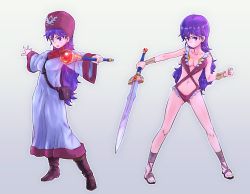 Rule 34 | 1girl, bag, breasts, cleavage, dragon quest, dragon quest ii, dress, full body, holding, hood, long hair, long sleeves, open mouth, princess of moonbrook, purple eyes, purple hair, satchel, smile, solo, staff, tamago tomato