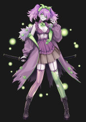 Rule 34 | 1girl, asymmetrical legwear, black background, black footwear, boots, bow, breasts, cleavage, coat, colored skin, creatures (company), cross-laced footwear, detached collar, eyepatch, fireflies, flower, full body, fur-trimmed coat, fur trim, game freak, garter straps, gen 4 pokemon, green flower, green headwear, green legwear, green ribbon, green rose, grey skin, grin, hair over one eye, hair ribbon, hand up, highres, holding, holding sword, holding weapon, katana, lace-up boots, layered skirt, legs apart, long sleeves, looking at viewer, maid headdress, merlusa, midriff, mismatched legwear, nail polish, neck ribbon, nintendo, off shoulder, one eye covered, open clothes, open coat, personification, pleated skirt, pokemon, puffy long sleeves, puffy sleeves, purple bow, purple coat, purple hair, purple legwear, purple nails, purple skirt, ribbon, rose, simple background, skirt, smile, solo, spiritomb, sword, torn clothes, torn coat, torn legwear, twintails, weapon