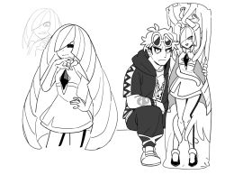 Rule 34 | 1boy, 1girl, angry, bad id, bad postype id, blush, body pillow, creatures (company), dede (qwea 00000), diamond (shape), dress, eyewear on head, game freak, gem, gen 7 pokemon, greyscale, guzma (pokemon), hand on own hip, high heels, holding, holding pillow, inset, jewelry, long hair, looking at viewer, lusamine (pokemon), monochrome, necklace, nihilego, nintendo, pillow, pokemon, pokemon (creature), pokemon sm, sexually suggestive, single tear, sitting, smile, sunglasses, teeth, tentacle grab, tentacles, ultra beast, very long hair, white background