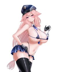 Rule 34 | 1girl, arched back, bikini, black gloves, black thighhighs, blue hat, blue necktie, blush, breasts, closed mouth, cowboy shot, cuffs, detached collar, genshin impact, gloves, handcuffs, hat, highres, large breasts, latex, long hair, looking at viewer, micro bikini, microskirt, navel, necktie, pink hair, police, police hat, police uniform, policewoman, purple eyes, showgirl skirt, sideboob, simple background, skirt, smile, solo, swimsuit, thighhighs, thighs, uniform, vik (xypt7474), white background, yae miko