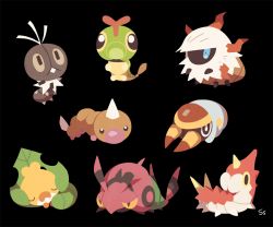Rule 34 | black background, blue eyes, bug, caterpie, commentary, creatures (company), closed eyes, fangs, game freak, gen 1 pokemon, gen 3 pokemon, gen 5 pokemon, gen 6 pokemon, gen 7 pokemon, grubbin, larvesta, lying, nintendo, no humans, pokemon, pokemon (creature), scatterbug, sewaddle, signature, simple background, sleeping, ssalbulre, venipede, weedle, wurmple