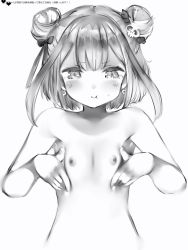 Rule 34 | 1girl, :t, bad id, bad twitter id, blush, breast conscious, breasts squeezed together, breasts, closed mouth, completely nude, double bun, earrings, flat chest, greyscale, hair bun, hair ornament, highres, hololive, jewelry, monochrome, nanashi (nlo), nipples, nude, short hair, simple background, skull hair ornament, solo, sweat, tears, upper body, uruha rushia, virtual youtuber, white background