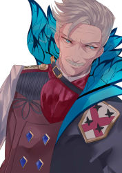 Rule 34 | 1boy, blue eyes, buttons, closed mouth, coat of arms, double-breasted, facial hair, fate/grand order, fate (series), grey hair, highres, james moriarty (archer) (fate), kurokawa (kurokashi655), looking to the side, male focus, mustache, simple background, solo, uniform, upper body, white background