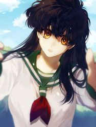 Rule 34 | 1girl, black hair, blue sky, cloud, collar, day, highres, higurashi kagome, inuyasha, long hair, long sleeves, looking at viewer, mgmg 1012, open mouth, outdoors, sailor collar, school uniform, shaded face, sky, solo, upper body, yellow eyes