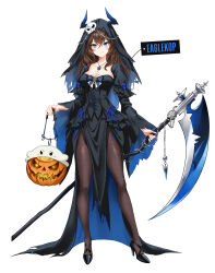 1girl absurdres black_dress black_footwear black_hood black_sleeves blue_bow blue_eyes blue_horns bow breasts brown_hair character_request closed_mouth collarbone copyright_request dress full_body hair_between_eyes high_heels highres holding holding_scythe horns jack-o&#039;-lantern jewelry long_hair minj_kim necklace pantyhose pelvic_curtain scythe skull_ornament smile solo two-sided_fabric