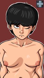 Rule 34 | 1girl, akira (manga), breasts, highres, kei (akira), nipples, nude, one eye closed, red background, tagme