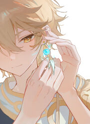 Rule 34 | 1boy, absurdres, aether (genshin impact), annshiro76, blonde hair, closed mouth, earrings, genshin impact, glowing, glowing earrings, hair between eyes, hair over shoulder, highres, jewelry, long hair, male focus, orange eyes, simple background, single earring, solo, upper body, white background