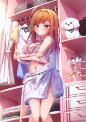 Rule 34 | 1girl, ahoge, bag, black-framed eyewear, blush, breasts, clothes lift, colored inner hair, glasses, hair ornament, hairpin, handbag, highres, hololive, hololive dev is, ichijou ririka, large breasts, lifted by self, looking at viewer, multicolored hair, orange eyes, orange hair, pink shirt, shirt, shirt lift, shishou (doragyurosu), sleeveless, sleeveless shirt, solo, thigh strap, undressing, virtual youtuber, watch, wristwatch