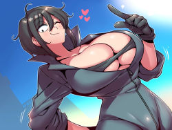 Rule 34 | 1girl, black hair, breasts, cleavage, closed mouth, gloves, gradient background, half-closed eyes, hand on own hip, heart, highres, huge breasts, indie virtual youtuber, jitome, jumpsuit, kataochi chuuko, one eye closed, open jumpsuit, sanpaku, short hair, simple background, solo, tukiwani, underwear, unzipped, virtual youtuber, wink