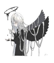 Rule 34 | 1girl, angel, angel wings, black dress, black halo, black wings, closed eyes, dress, expressionless, feathered wings, from side, hair over wings, halo, highres, long hair, long sleeves, melting halo, original, profile, simple background, solo, upper body, very long hair, white background, white hair, wings, yuge kemuri