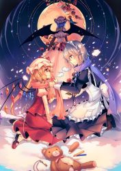 Rule 34 | 3girls, apron, ascot, bat wings, black footwear, blonde hair, blue dress, blue eyes, blue hair, blue scarf, bug, butterfly, card, commentary request, crayon, crying, crying with eyes open, dress, flandre scarlet, flower, frilled apron, frills, from behind, from side, hat, highres, insect, izayoi sakuya, juliet sleeves, kirero, kneeling, long sleeves, looking at another, maid apron, maid headdress, mary janes, mob cap, moon, multiple girls, night, night sky, parted lips, petticoat, pink dress, puffy sleeves, red flower, red rose, red scarf, red skirt, red vest, remilia scarlet, rose, scarf, shoes, short hair, siblings, side ponytail, silver hair, sisters, skirt, sky, smile, stuffed animal, stuffed toy, tears, teddy bear, touhou, vest, wings, yellow ascot