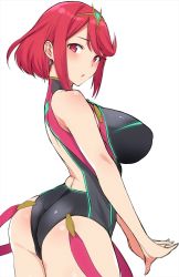 Rule 34 | 1girl, ass, bare shoulders, blush, breasts, competition swimsuit, earrings, gem, hair ornament, highres, jewelry, large breasts, looking at viewer, looking back, nintendo, one-piece swimsuit, open mouth, pyra (pro swimmer) (xenoblade), pyra (xenoblade), red eyes, red hair, short hair, simple background, solo, suspenders, swimsuit, tiara, white background, xenoblade chronicles (series), xenoblade chronicles 2, yuuki shin