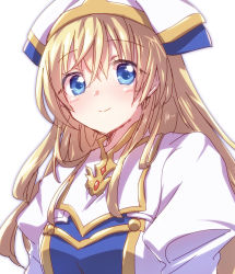 Rule 34 | 1girl, blonde hair, blue eyes, goblin slayer!, hat, highres, light smile, long hair, looking at viewer, nyaa (nnekoron), priestess (goblin slayer!), simple background, solo, upper body, white background