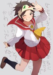 Rule 34 | 1girl, ace attorney, brown hair, closed mouth, legs, loafers, onaramaru, one eye closed, phoenix wright: ace attorney - dual destinies, red skirt, robin newman, sailor collar, school uniform, serafuku, shoes, short hair, skirt, smile, solo, tongue, tongue out, translation request