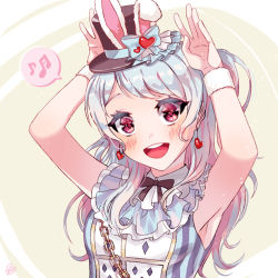 Rule 34 | 1girl, :d, alice in wonderland, animal ears, armpits, arms up, bang dream!, black hat, black ribbon, blue bow, blue hair, blush, bow, chain, cosplay, dew (dltmf2266), earrings, fake animal ears, frills, hat, hat bow, heart, heart earrings, jewelry, long hair, looking at viewer, matsubara kanon, musical note, neck ribbon, one side up, open mouth, playing card print, purple eyes, rabbit ears, rabbit pose, ribbon, signature, sleeveless, smile, solo, spoken musical note, striped, top hat, upper body, vertical stripes, white rabbit (alice in wonderland), white rabbit (cosplay), wristband