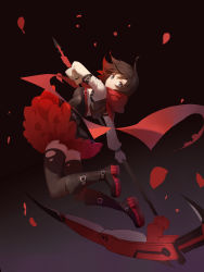 Rule 34 | 1girl, absurdres, bare shoulders, black footwear, black hair, black thighhighs, blue eyes, boots, breasts, closed mouth, expressionless, floating hair, full body, highres, holding, holding weapon, looking at viewer, medium breasts, petals, red scarf, ruby rose, rwby, scarf, scythe, solo, swept bangs, thighhighs, thighs, torn clothes, torn thighhighs, weapon, x-red flower