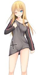 Rule 34 | 10s, 1girl, ;d, adapted costume, arm at side, bare legs, bare shoulders, bismarck (kancolle), black panties, blonde hair, blue eyes, blush, collarbone, cross, dress, grey dress, hand on own chest, iron cross, kantai collection, long hair, long sleeves, looking at viewer, official art, one eye closed, open mouth, panties, pantyshot, simple background, smile, solo, standing, strap slip, takeyuu, tareme, underwear, white background