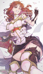 1girl armor book breasts cape celica_(fire_emblem) cleavage clenched_teeth commission dress earrings eposhim fingerless_gloves fire_emblem fire_emblem_echoes:_shadows_of_valentia fire_emblem_heroes gloves highres holding holding_book jewelry long_hair medium_breasts nintendo one_eye_closed orange_eyes orange_hair scratches skeb_commission skirt solo teeth thick_thighs thighs torn_cape torn_clothes torn_skirt