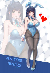 Rule 34 | 1girl, animal ears, blue footwear, blue leotard, blue ribbon, breasts, character name, club (shape), commentary request, covered navel, detached collar, diamond (shape), full body, grey pantyhose, heart, high heels, highres, large breasts, leotard, looking at viewer, mano akine, neck ribbon, original, pantyhose, playboy bunny, playing card theme, rabbit ears, ribbon, solo, spade (shape), strapless, strapless leotard, thighband pantyhose, torino karaage, wrist cuffs, zoom layer