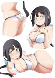 Rule 34 | 1girl, absurdres, ass, bikini, black hair, breasts, green eyes, highres, kanosawa, large breasts, long hair, looking at viewer, low twintails, lying, multiple views, on side, simple background, swimsuit, tougou mimori, twintails, white background, white bikini, yuusha de aru