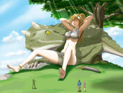 Rule 34 | 2boys, 2girls, absurdres, anklet, armpits, bare legs, barefoot, bikini, bikini top only, blonde hair, blush, breasts, cleavage, dappled sunlight, dinosaur, feet, giant, giant tree, giantess, grass, highres, jewelry, loincloth, long hair, medium breasts, messy hair, mole, multiple boys, multiple girls, nature, original, panah, people, ponytail, shorts, sitting, sleeping, soldier, soles, sunlight, swimsuit, sword, toes, tree, weapon