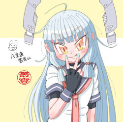 Rule 34 | 1girl, absurdres, ahoge, black gloves, black shirt, blue sailor collar, closed mouth, commentary request, dress, fang, fingerless gloves, floating headgear, gloves, grey hair, hair ribbon, headgear, highres, kantai collection, long hair, murakumo (kancolle), necktie, orange eyes, red necktie, red ribbon, ribbon, sailor collar, sailor dress, shin (shin k009), shirt, short sleeves, sidelocks, thick eyebrows, translation request, tress ribbon, victory pose, white dress