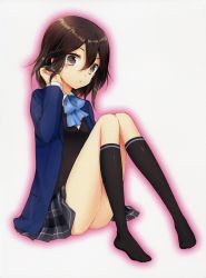Rule 34 | 1girl, adjusting hair, ass, black hair, black skirt, black socks, black sweater vest, blazer, blue bow, blue bowtie, blue jacket, bow, bowtie, brown eyes, cover, cuteg, dress shirt, dvd cover, full body, hair between eyes, hand in own hair, hand to head, highres, inaba himeko, jacket, kneehighs, knees together feet apart, knees up, kokoro connect, looking at viewer, no shoes, official art, open clothes, open jacket, parted lips, plaid, plaid skirt, pleated skirt, scan, school uniform, shirt, short hair, sitting, skirt, socks, solo, sweater vest, white shirt